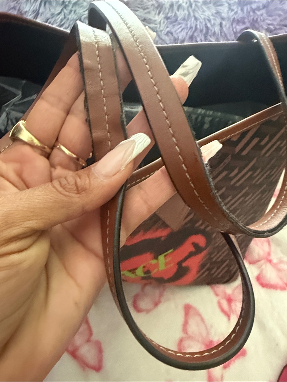 Versace Brown Tote with Neon Red Logo and Lime Accents - Picture 3 of 14
